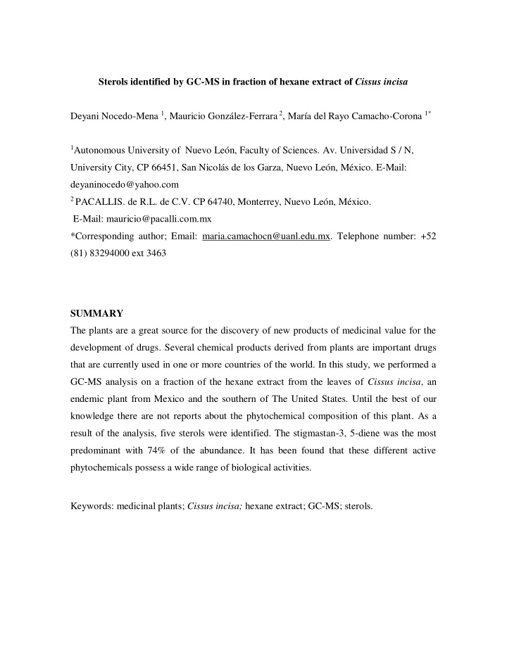 sterols identified by gc ms in fraction of hexane extract