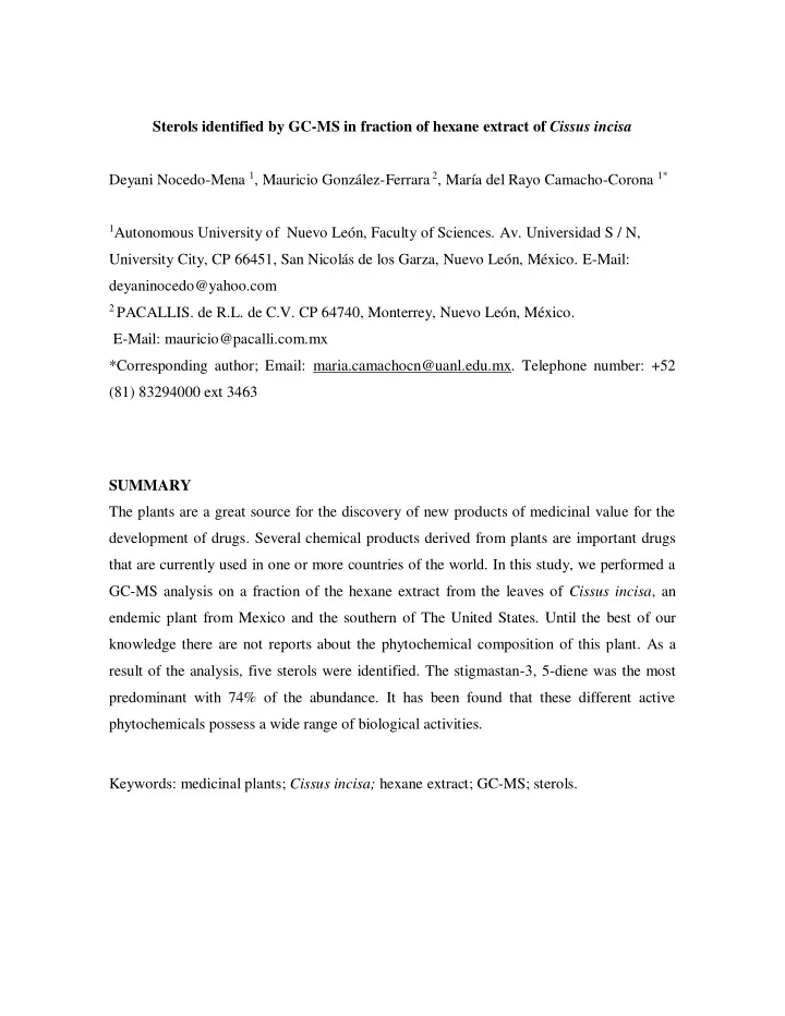 sterols identified by gc ms in fraction of hexane extract
