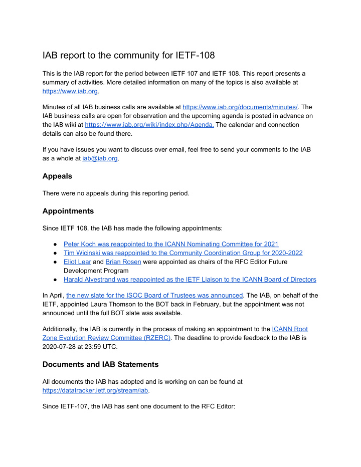 iab report to the community for ietf 108