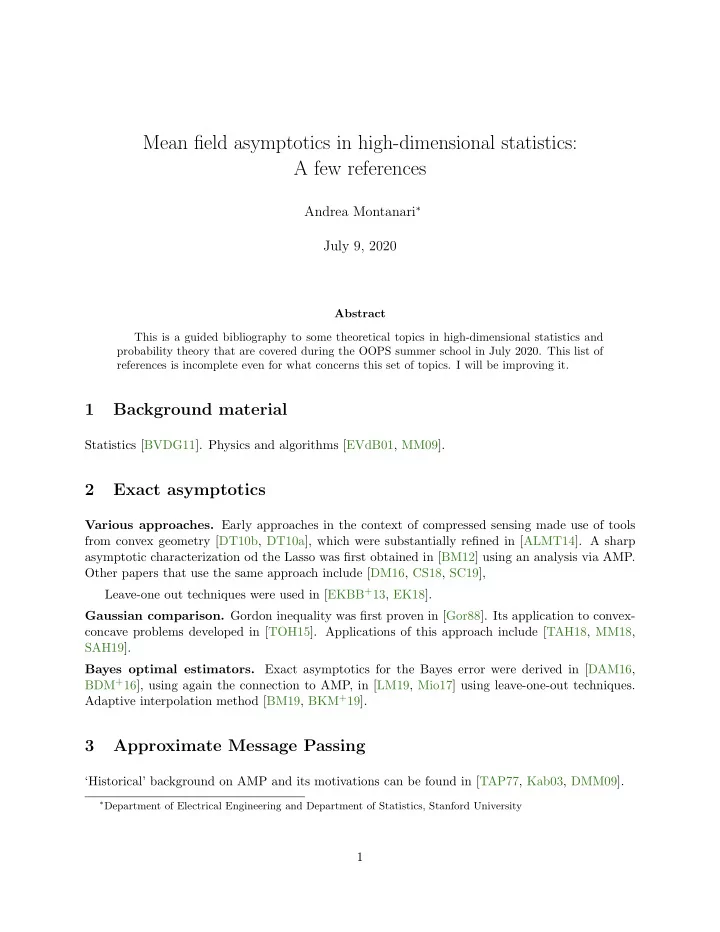 mean field asymptotics in high dimensional statistics a