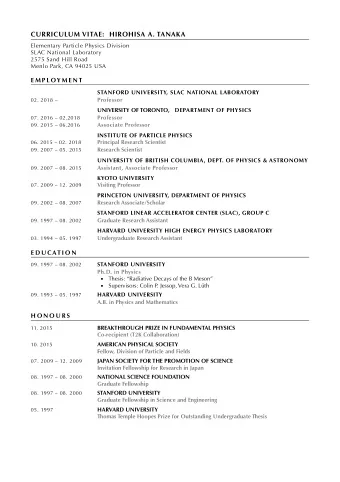 CURRICULUM VITAE:  HIROHISA A. TANAKA  Elementary Particle Physics Division  SLAC National