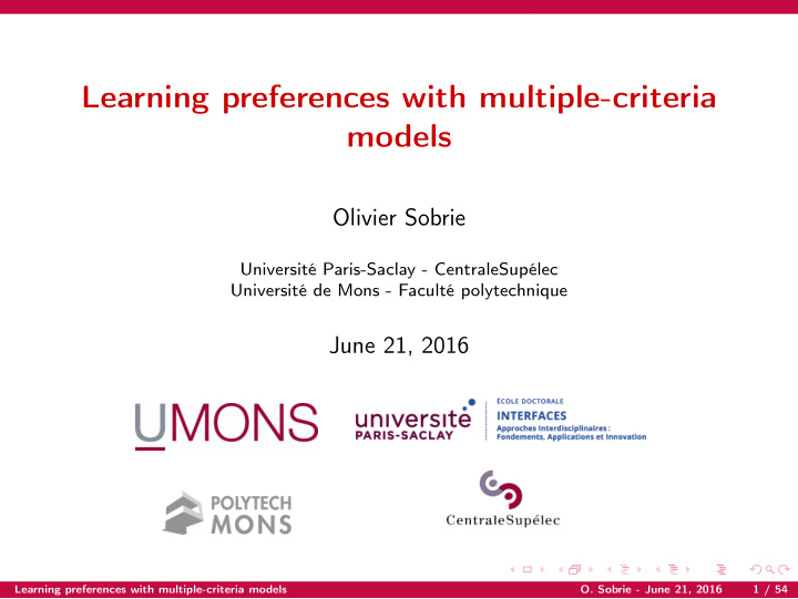 learning preferences with multiple criteria models