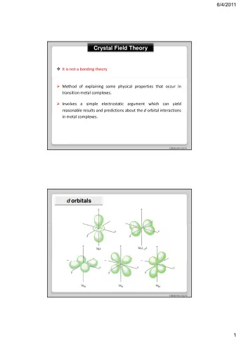 Crystal Field Theory  It is not a bonding theory  Method of explaining some physical
