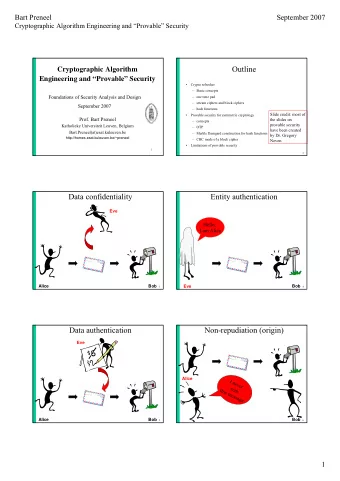 Outline  Cryptographic Algorithm  Engineering and Provable Security    Crypto refresher