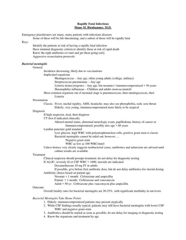 rapidly fatal infections diane m birnbaumer m d emergency