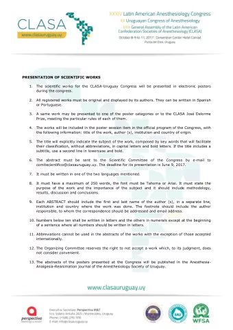 PRESENTATION OF SCIENTIFIC WORKS 1. The scientific works for the CLASA-Uruguay Congress will be
