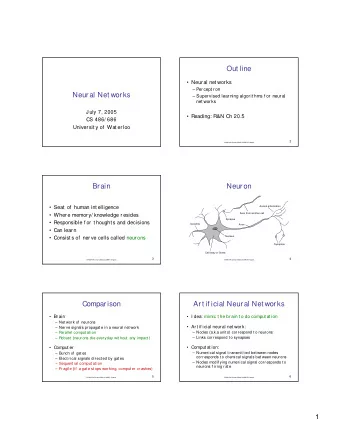 Out line   Neural net wor ks   Percept r on  Neural Net works   Supervised learning