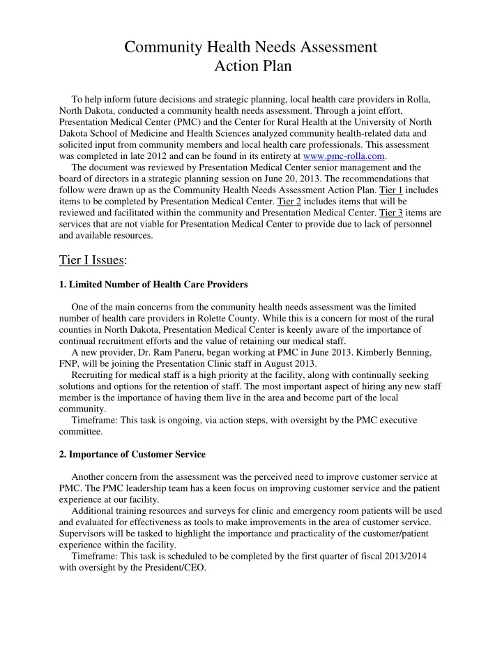 community health needs assessment action plan