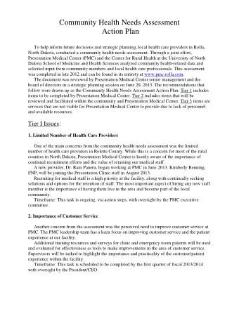 Community Health Needs Assessment  Action Plan  To help inform future decisions and strategic