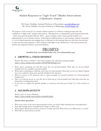 PROMPTS  (modified from www.mindsetworks.com; www.khanacademy.org) 1. GROWTH vs. FIXED MINDSET