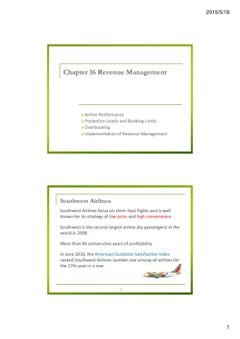 Chapter 16 Revenue Management  Airline Performance  Protection Levels and Booking Limits