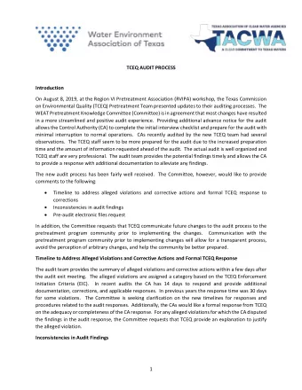 TCEQ AUDIT PROCESS  Introduction  On August 8, 2019, at the Region VI Pretreatment Association