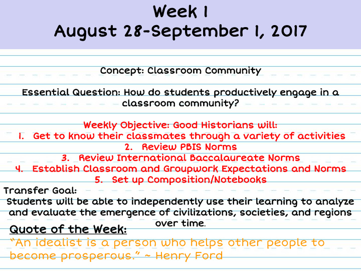 week 1 august 28 september 1 2017