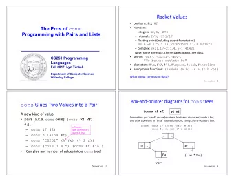 Racket Values  booleans: #t, #f  numbers: The Pros of cons :  integers: 42 , 0, -273
