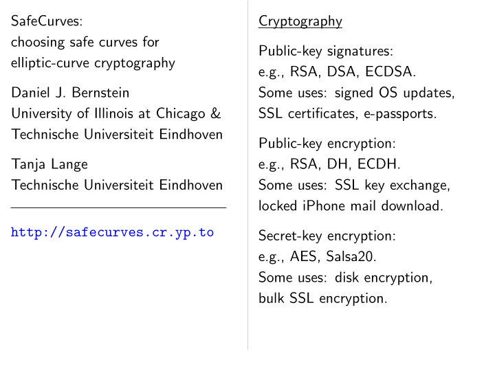 safecurves cryptography choosing safe curves for public