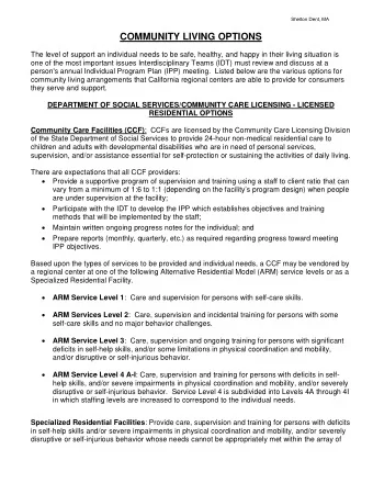 COMMUNITY LIVING OPTIONS  The level of support an individual needs to be safe, healthy, and happy