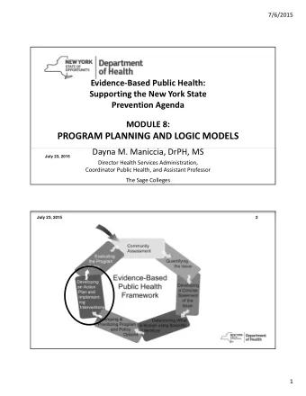 PROGRAM PLANNING AND LOGIC MODELS Dayna M. Maniccia, DrPH, MS  July 23, 2015 Director Health