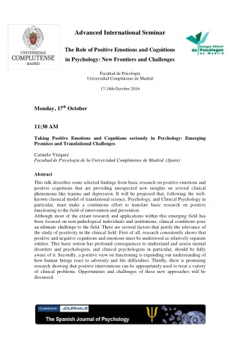 Advanced International Seminar  The Role of Positive Emotions and Cognitions in Psychology: New