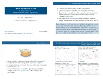 Unit 1: Introduction to data  Ultimate goal: make inferences about populations  1. Data