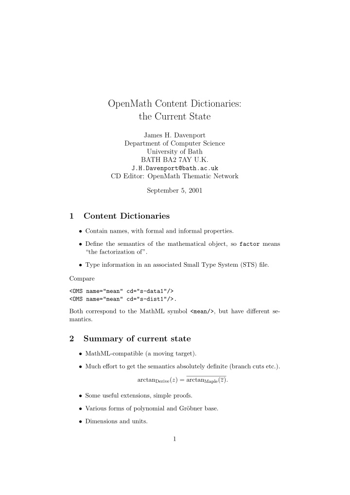 openmath content dictionaries the current state