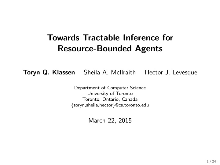 towards tractable inference for resource bounded agents