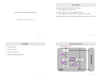 Learning  Learning is essential for unknown environments,  i.e., when designer lacks omniscience