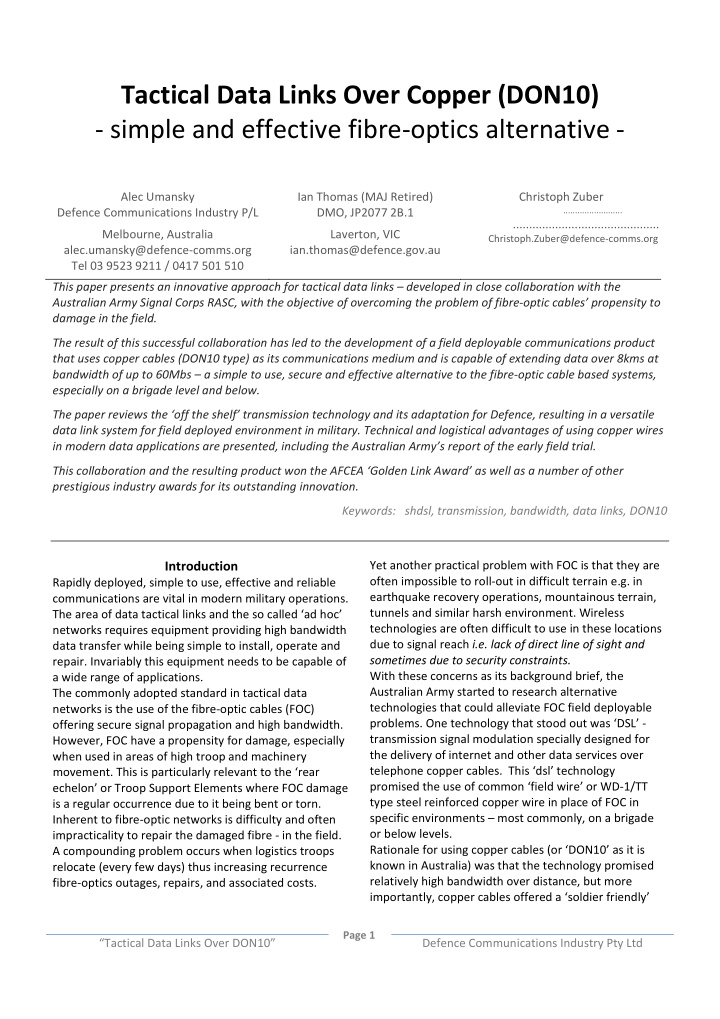 tactical data links over copper don10 simple and