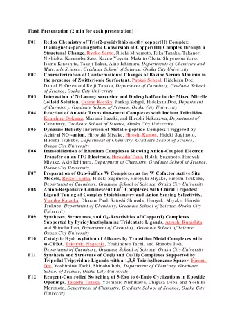 Flash Presentation (2 min for each presentation)  F01   Redox Chemistry of