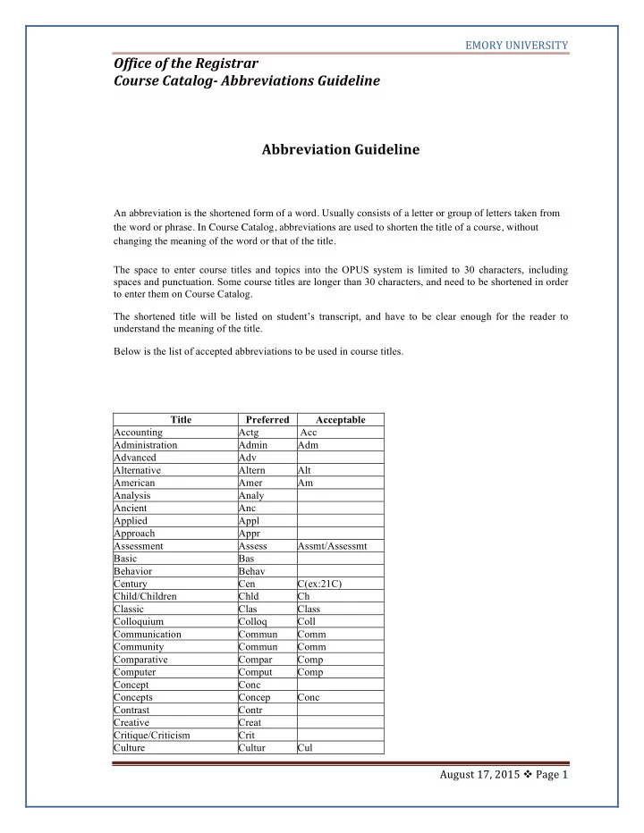 office of the registrar course catalog abbreviations