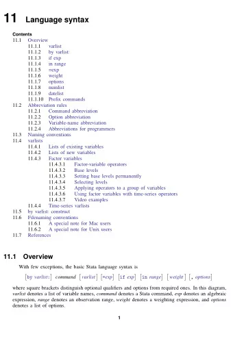 11  Language syntax  Contents  11.1  Overview  11.1.1  varlist  11.1.2  by varlist:  11.1.3  if exp