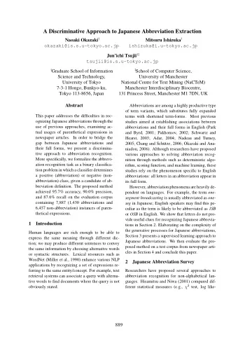 A Discriminative Approach to Japanese Abbreviation Extraction Naoaki Okazaki  Mitsuru Ishizuka