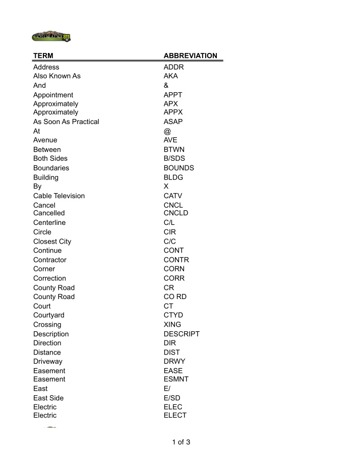 term abbreviation address addr also known as aka and