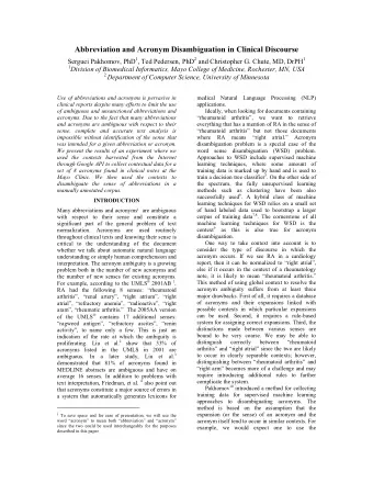 Abbreviation and Acronym Disambiguation in Clinical Discourse Serguei Pakhomov, PhD 1 , Ted
