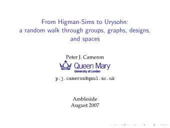 From Higman-Sims to Urysohn:  a random walk through groups, graphs, designs,  and spaces  Peter J.