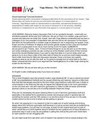 Yoga Alliance - Thu 7/30 1400 (USYOGA3007A) Closed Captioning/ Transcript Disclaimer  Closed