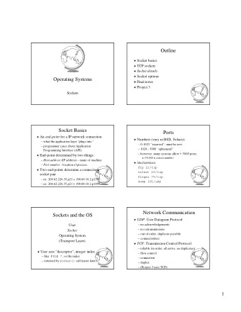 Outline ! Socket basics ! TCP sockets ! Socket details ! Socket options  Operating Systems ! Final