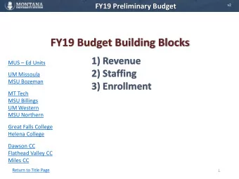 FY19 Budget Building Blocks  1) Revenue MUS  Ed Units  2) Staffing  UM Missoula  MSU Bozeman  3)