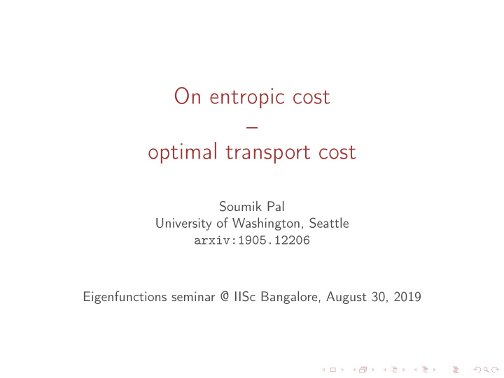 on entropic cost optimal transport cost