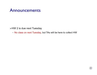 Announcements  HW 2 is due next Tuesday  No class on next Tuesday, but TAs will be here to