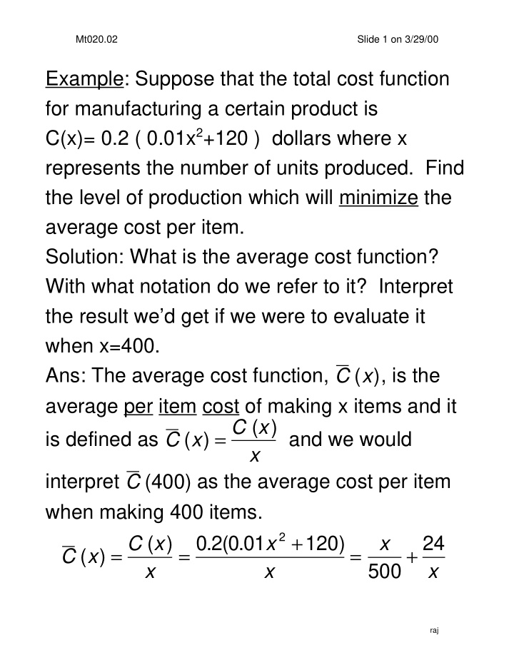 example suppose that the total cost function for