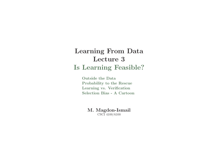 learning from data lecture 3 is learning feasible