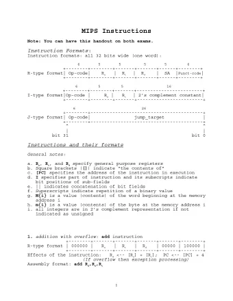 MIPS Instructions Note: You can have this handout on both exams. Instruction Formats :  Instruction