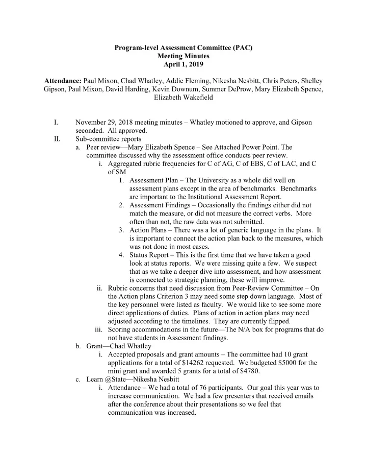program level assessment committee pac meeting minutes