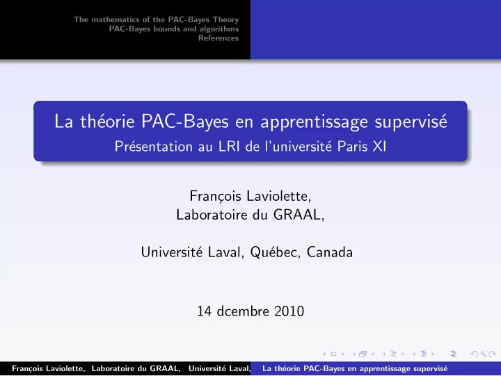 la th eorie pac bayes en apprentissage supervis e