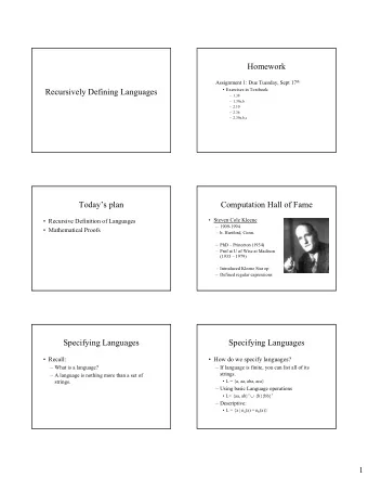 Homework Assignment 1: Due Tuesday, Sept 17 th  Recursively Defining Languages   Exercises in