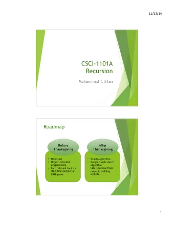 CSCI-1101A  Recursion  Mohammad T  . Irfan  Roadmap  Before  After  Thanksgiving  Thanksgiving