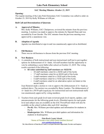 Lake Park Elementary School SAC Meeting Minutes:  October 23, 2019  Opening:  The regular