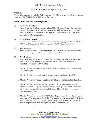 Lake Park Elementary School SAC Meeting Minutes:  September 11, 2019  Opening:  The regular