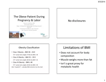 Limitations of BMI  Class I Obesity  BMI 30  34.9  Does not account for body