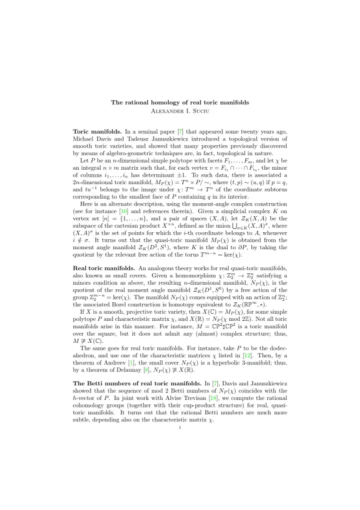 the rational homology of real toric manifolds alexander i